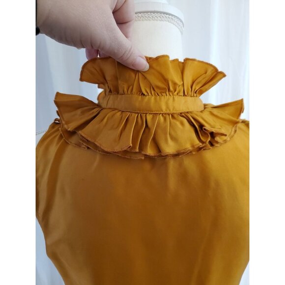 J. Crew Gold Silk Ruffle Neck Blouse Sleeveless Button Up Top Size 6 Preppy - Picture 7 of 13